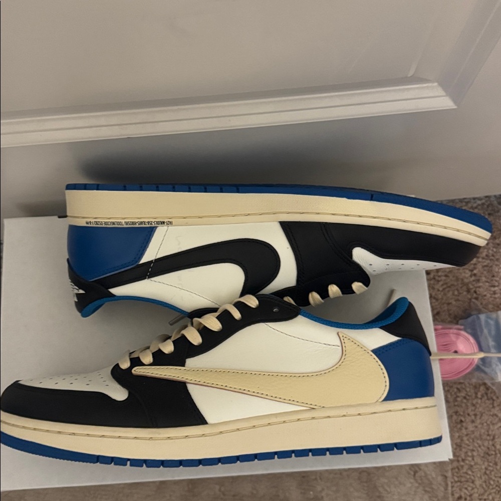 Jordan 1 Fragment Travis Scott Men's Black, Blue, and Cream Sneakers - Picture 3 of 6